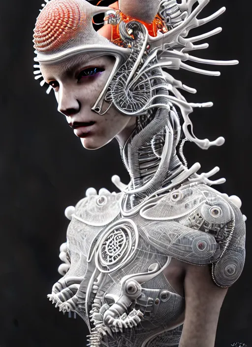 Image similar to portrait of an absurdly beautiful, graceful, sophisticated, fashionable cyberpunk mechanoid, hyperdetailed illustration by irakli nadar and alexandre ferra, intricate linework, white porcelain skin, faberge, coral headdress, unreal engine 5 highly rendered, global illumination, radiant light, detailed and intricate environment