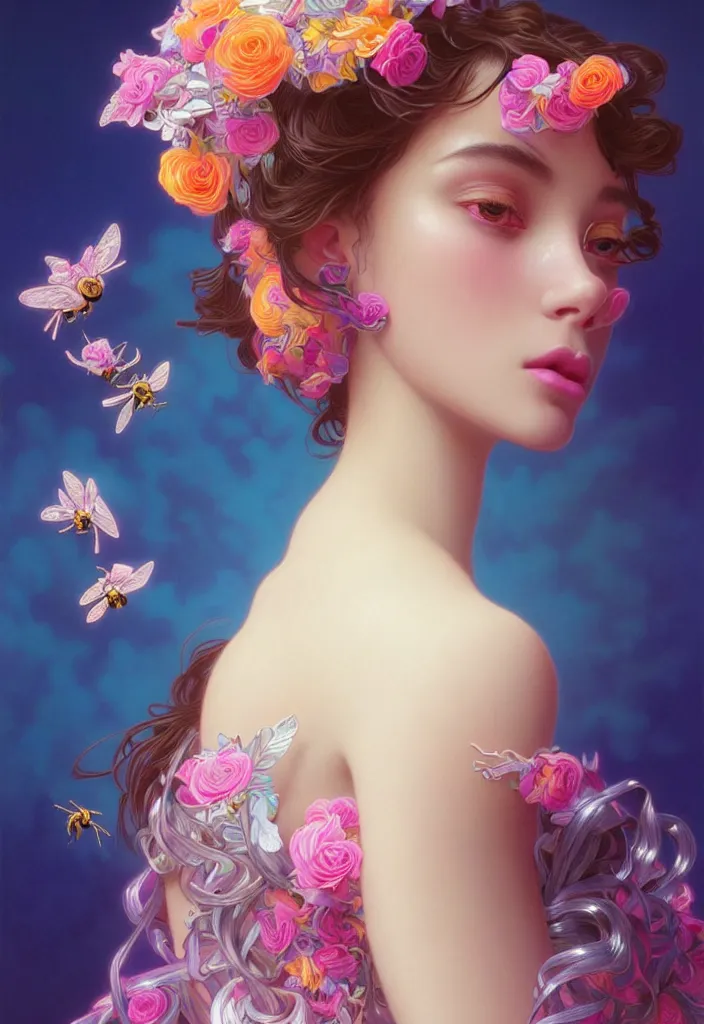 Image similar to young beautiful woman, gorgeous face, vaporwave aesthetic, synthwave, colorful, psychedelic, artstation, flowers, bees, ribbons, concept art, luxurious silvery gown, smooth, extremely sharp detail, finely tuned detail, 8 k, unreal engine 5, ultra sharp focus, illustration, art by artgerm and greg rutkowski and alphonse mucha