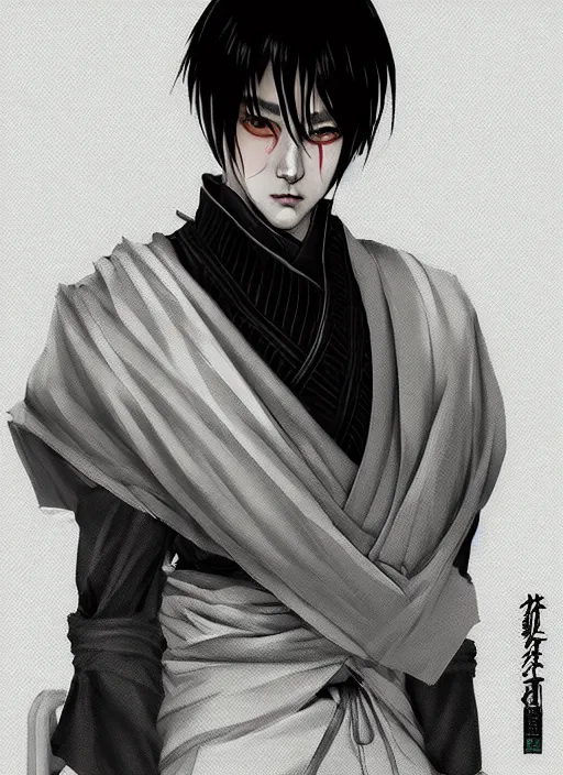 Image similar to a highly detailed illustration of fierce short white haired young japanese man wearing hakama, black sclera eyes, dramatic serious pose, intricate, elegant, highly detailed, centered, digital painting, artstation, concept art, smooth, sharp focus, league of legends concept art, wlop