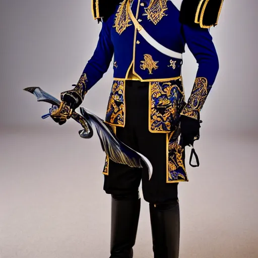 Prompt: low angle upper view of adult Austin Butler dressed in futuristic-baroque prussian blue duelist-garb with Griffin-Ram embroidery emblem, and nanocarbon-vest and greaves, standing in an arena in Dune 2020, XF IQ4, f/1.4, ISO 200, 1/160s, 8K, RAW, unedited, symmetrical balance, face in-frame