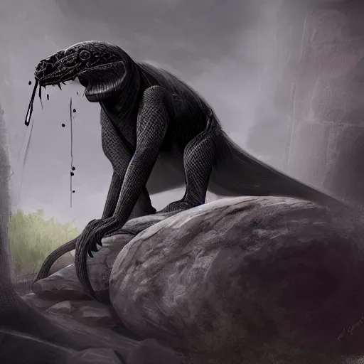 Prompt: a dark portrait of A black king cobra crawls along a large uneven stone towards the camera, using a sword stuck in the stone and drenched in blood, concept art, epic,highly detailed, sharp focus