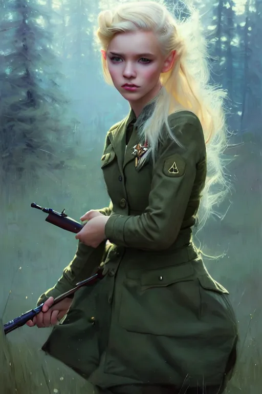 Image similar to cinematic shot of an epic portrait of a cute blonde fairy dressed in military clothes, stylised military clothes, shiny skin, beautiful eyes, beautiful, small details, night setting, realistic poster with volumetric light from jeremy lipkin and michael garmash, craig mallism, artgerm, unreal engine, radiant light, digital art, trends at art station, a masterpiece