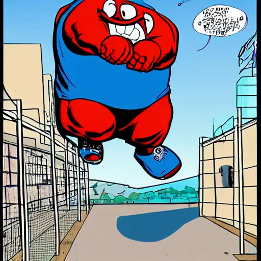 Prompt: The Kool-Aid Man breaking out of a Supermax Prison, comic book art