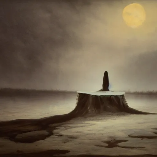 Image similar to ominous bedsheet ghost floating above a frozen lake, oil painting, brush strokes, gloomy foggy atmosphere, symmetrical, full body image, highly ornate intricate details,