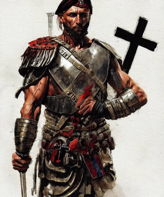 Image similar to muscular roman soldier with a white cross in the chest by simon bisley and greg rutkowski, full body armor! vivid color scheme