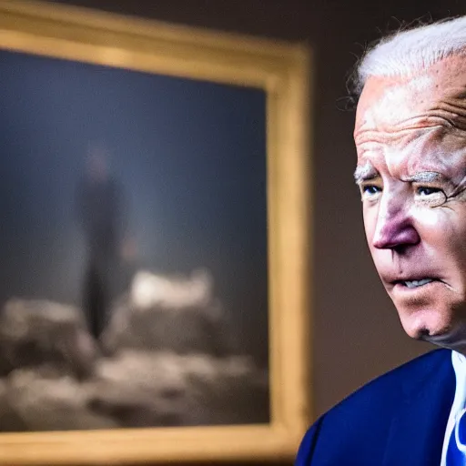 Image similar to biden watching a trump exhibition in a museum, studio lighting, photography, highly detailed, 4 k