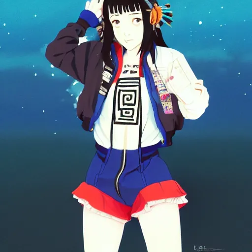 Image similar to a beautiful boyish kat dennings alluring gravure model, wearing oversized mayan bomber jacket and leotard with overalls, bulky poofy aztec native style bomber jacket with mayan patterns, gapmoe yandere grimdark, trending on pixiv fanbox, painted by greg rutkowski makoto shinkai takashi takeuchi studio ghibli, akihiko yoshida