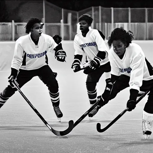 Image similar to a squad of Beyoncé clones playing hockey, photorealistic