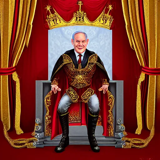 Image similar to portrait of Benjamin Netanyahu sitting on an ornate throne wearing a red furred cape and a crown grasping a royal ornate rod, vivid rich colors, ambient lighting, dynamic lighting, official media, HQ, detailed