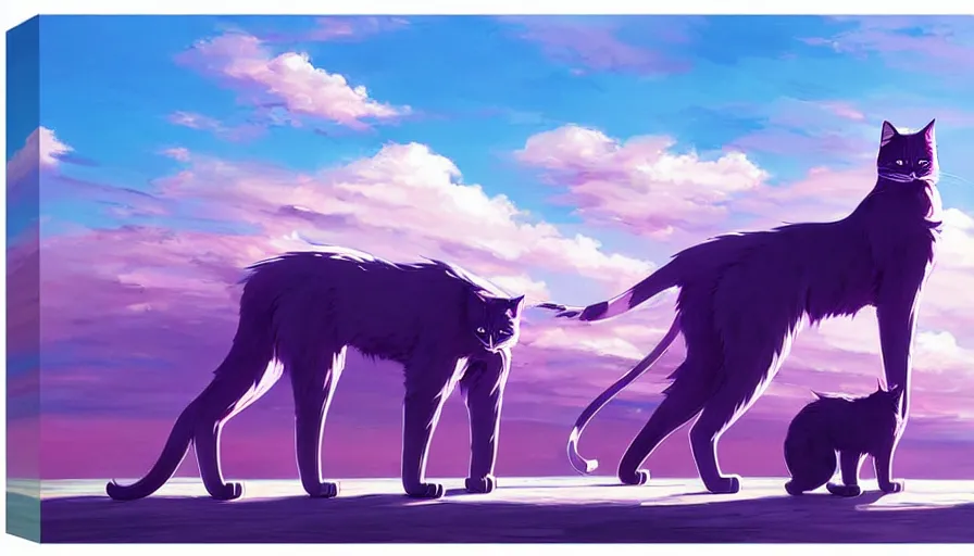 Image similar to highly detailed contemporary acrylic painting of really tall sitting cats by makoto shinkai, thick brush strokes and visible paint layers, glistening clouds in background, purpleb blue black, white and pink color scheme