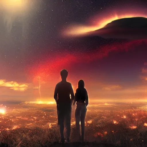 Prompt: a young couple watching a nuclear explosion, romantic, uplifting, happy, apocalytic detailed digital matte painting