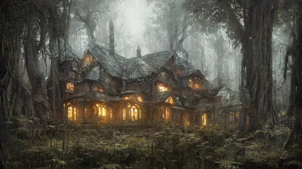 Prompt: a magical house in a forest, high detail, digital art, painted by greg rutkowski, painted by seb mckinnon, trending on artstation