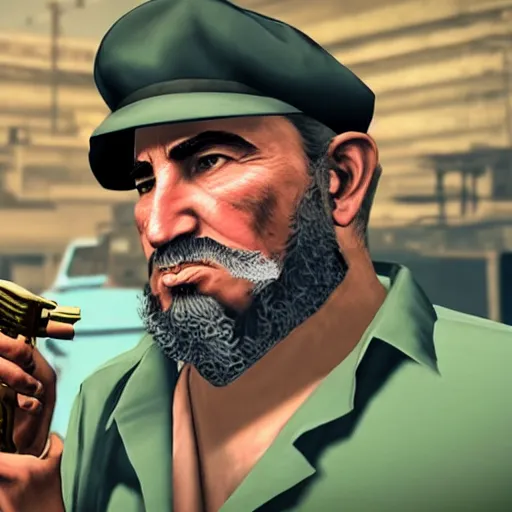 Image similar to fidel castro holding a golden revolver, gta v style