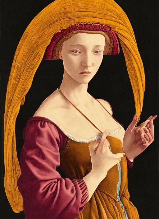 Image similar to portrait of young woman in renaissance dress and renaissance headdress, art by moebius