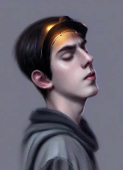 Image similar to portrait of teenage jughead jones wearing a light grey crown, photorealistic, crown, eyes closed, crown, black hair, intricate, elegant, glowing lights, highly detailed, digital painting, artstation, concept art, smooth, sharp focus, illustration, art by wlop, mars ravelo and greg rutkowski