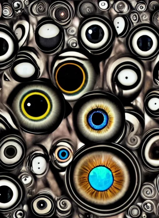 Image similar to human eyes!, black centered pupil, circle iris detailed structure, happy smiling human eyes, eyelashes, tired closed eyes, art styles mix, from wikipedia, eye relections, hd macro photographs, grid montage of shapes