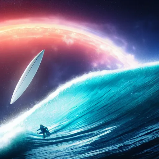 Image similar to photo of a alien surfing a surfboard on a crashing l wave of alien ocean in space, background is an alien galaxy, aliens in the background, alien colors, octane render, unreal engine, wide view, 8 k, high detaild