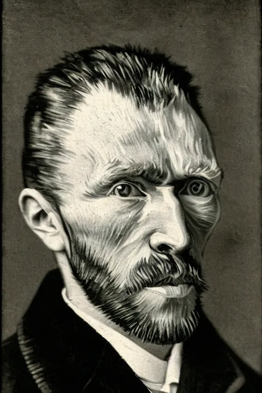 Prompt: a monochrome daguerrotype realistic, supersharp, photographic portrait of vincent van gogh, shallow depth of field