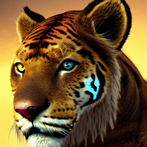 Image similar to mix of puma and jaguar and lion and tiger attacking, giant cat monster, 8 k ultra realistic animal, detailed intricate fur, flame in the fur, full of colour, cinematic lighting, battered, trending on artstation, 4 k, hyperrealistic, focused, extreme details, unreal engine 5, cinematic, masterpiece, art by ayami kojima