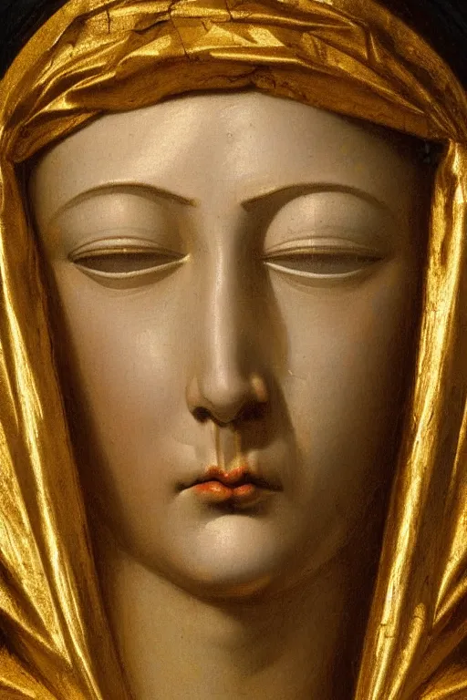 Image similar to Virgin Mary, suffering face, closeup, ultra detailed, made in gold, Guido Reni style