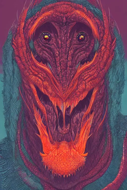 Prompt: monster portrait of dragon in the style of Rob Lefield and Dan Mumford , trending on artstation, digital art,surrealism ,macro,blueprint ,vaporwave ,