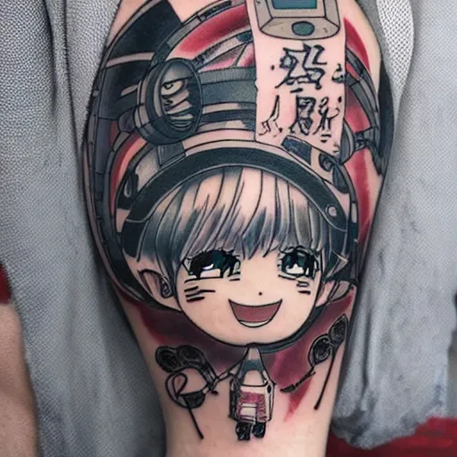 Image similar to Anime manga robot!! Anime girl tattoo, cyborg girl, exposed wires and gears, fully robotic!! girl, manga!! in the style of Junji Ito and Naoko Takeuchi, cute!! chibi!!! Schoolgirl, tattoo on upper arm, arm tattoo