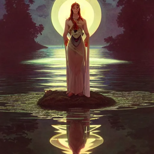 Image similar to a magic sword rising from the middle of a lake under a giant full moon, rippling reflections, romantic, cinematic, intricate, elegant, highly detailed, artstation, concept art, smooth, sharp focus, art by alphonse mucha and Monia Merlo and Raymond Swanland