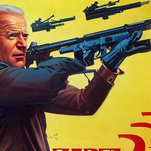 Prompt: propaganda poster of joe biden pointing gun directly at camera in james bond movie, closeup of gun, visible barrel and grip by j. c. leyendecker, bosch, lisa frank, jon mcnaughton, and beksinski