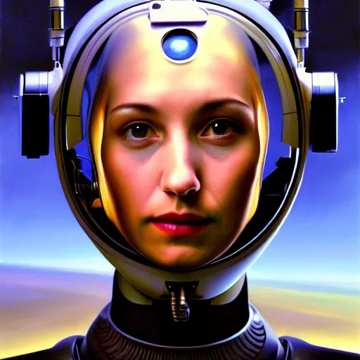 Image similar to portrait of the beautiful young robotic pilot of jets, surreal, fantasy, intricate, mechanical, elegant, dramatic lighting, emotionally evoking symbolic metaphor, highly detailed, gears, lifelike, photorealistic, digital painting, painterly, artstation, concept art, smooth, head in focus, sharp focus, background aerial battle, illustration, art by John Collier and Krenz Cushart and Artem Demura and Alphonse Mucha and Albert Aublet,