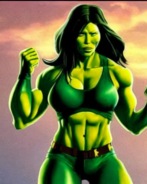 Image similar to jessica biel as she - hulk. green skinned, muscular, wheyfu. movie still