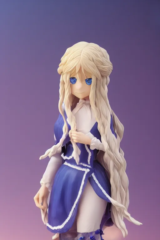 Prompt: full body 3d render of a blue eyes, blonde long hair, french braids, violet evergarden as a figurine, blue-white dress, blender, trending on artstation, 8k, highly detailed, bokeh, depth of field