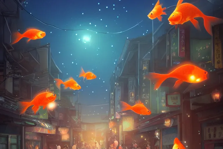 Image similar to fantasy art of glowing goldfish swimming in the air, in the streets of a japanese town at night, with people watching in wonder, by makoto shinkai, highly detailed digital art, trending on artstation