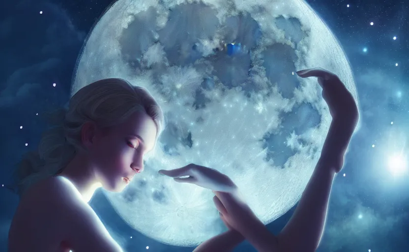 Image similar to beautiful moon, space, stars, ethereal lighting, 35mm photography, highly detailed, 8K, artgerm, sharp focus, cgsociety, cool lighting