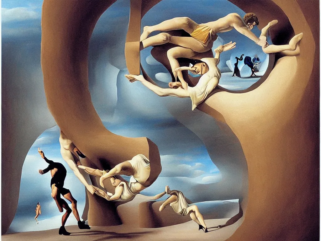 Image similar to optical illusion painting of a couple dancing in a worm hole, illusionism, mind blow, by leandro erlich and salvador dali, detailed