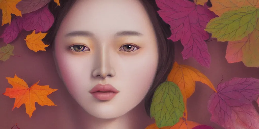 Image similar to detailed pastel colors portrait of a woman made of autumn leaves, by hsiao - ron cheng, fine detail, 8 k