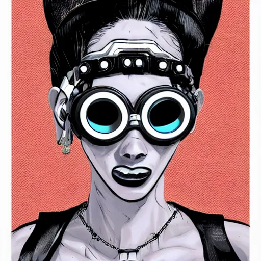 Image similar to a cybergoth woman wearing goggles and eccentric jewelry by jamie hewlett :: full body character concept art, detailed