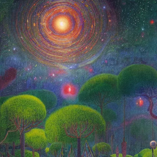 Image similar to psychedelic small cats hidden lush pine forest, outer space, milky way, designed by arnold bocklin, jules bastien - lepage, tarsila do amaral, wayne barlowe and gustave baumann, cheval michael, trending on artstation, star, sharp focus, colorful refracted sparkles and lines, soft light, 8 k 4 k