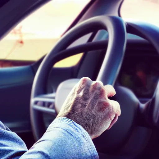 Image similar to ultrarealistic picture of an (((((angry))))) male (((driver))) driving his car, the driver is looking at the camera, very vey very detailed face, face clearly visible, front of the car clearly visible, steering wheel clearly visible, octane render, trending on artstation, steampunk art