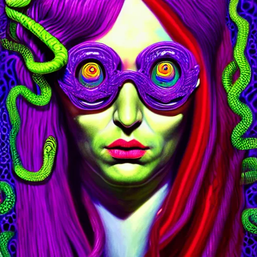 Image similar to an extremely psychedelic portrait of medusa as willy wonka, surreal, lsd, face, detailed, intricate, elegant, lithe, highly detailed, digital painting, artstation, concept art, smooth, sharp focus, illustration