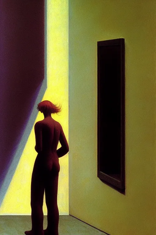 Prompt: man and woman, in the void, by the mirror, station edward hopper and james gillard, zdislav beksinski, high detail alex colville, otto mueller, stephen conroy, sandro botticelli, andrew newell wyeth, daniel meidman jussi picho, octane rendering