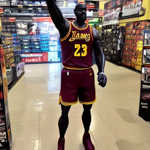 Prompt: lebron james promotional statue inside a gamestop