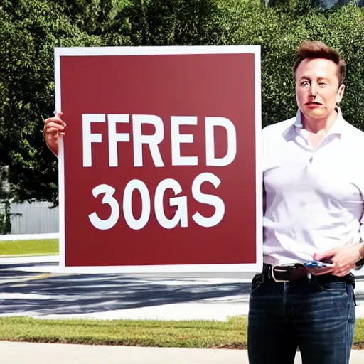 Image similar to Elon Musk holding a sign saying Free Hotdogs, highly detailed, high quality, HD, 4k, 8k, Canon 300mm, professional photographer, 40mp, lifelike, top-rated, award winning, realistic, sharp, no blur, edited, corrected, trending