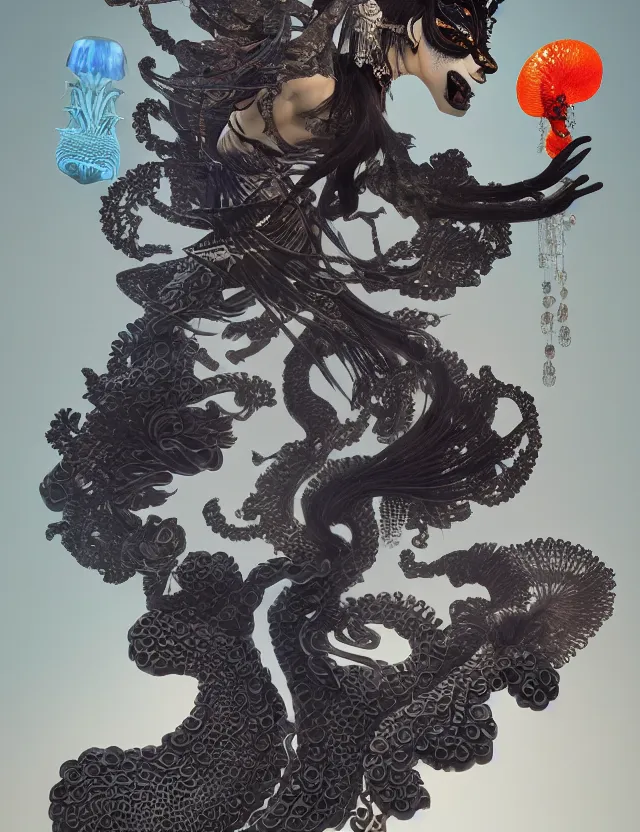 Image similar to 3 d goddess bottom - up with ram skull. beautiful intricately detailed japanese crow kitsune mask and clasical japanese kimono. betta fish, jellyfish phoenix, bio luminescent, plasma, ice, water, wind, creature, artwork by tooth wu and wlop and beeple and greg rutkowski