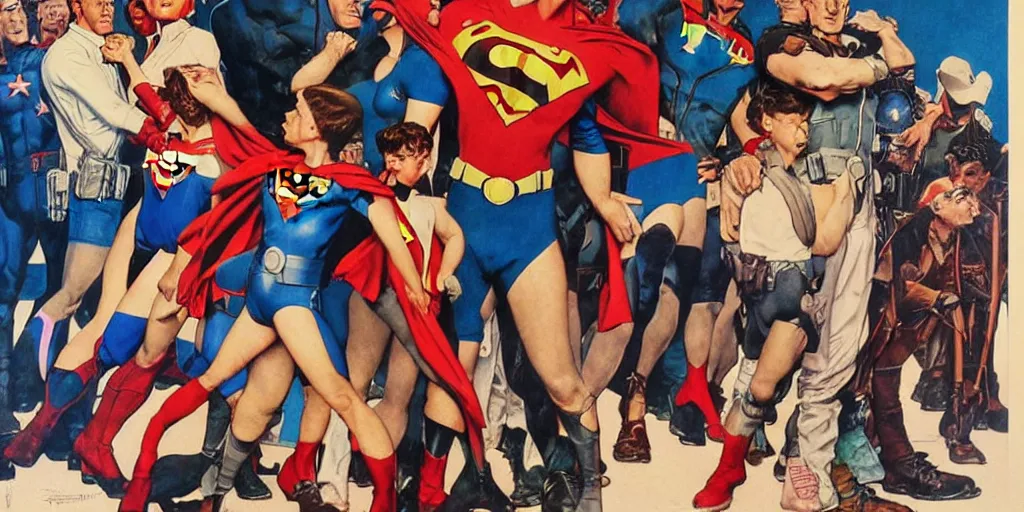Prompt: a propaganda style poster to ban superheroes. by artgerm, norman rockwell. in brilliant technicolor.