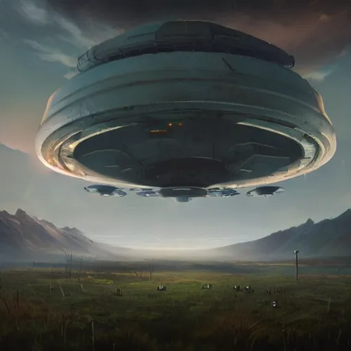 Image similar to a digital painting an enormous ufo spaceship in the sky far away. in the distance. concept art by simon stalenhag and peter mohrbacher cgsociety, speedpainting, apocalypse art. unreal engine. hyper - realistic. photo realistic. 3 d render. octane render. detailed masterpiece. extreme wide shot.