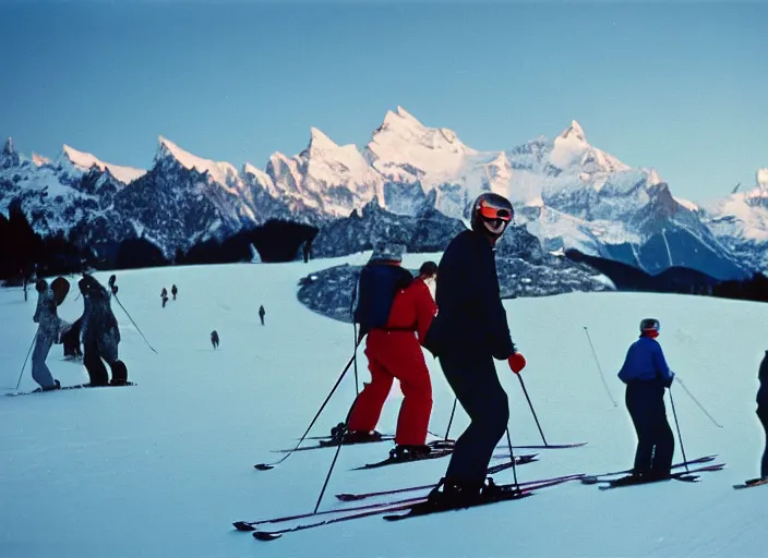 Prompt: a 3 5 mm kodachrome photo of people skiing in the swiss alps in the 1 9 5 0's, bokeh, canon 5 0 mm, cinematic lighting, film, photography, golden hour, depth of field, award - winning