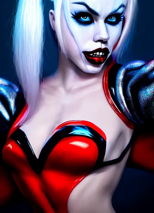 Image similar to photo of kerli koiv as harley quinn in the style of stefan kostic, realistic, half body shot, sharp focus, 8 k high definition, insanely detailed, intricate, elegant, art by stanley lau and artgerm, foggy backgeound