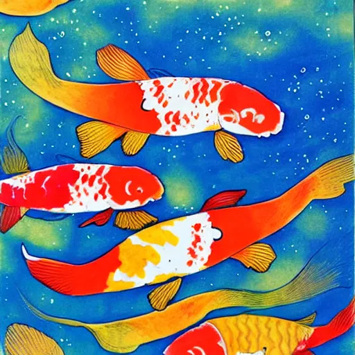 Prompt: some koi carp, swimming in a pool, ink, acrylics, collage, style of lily greenwood