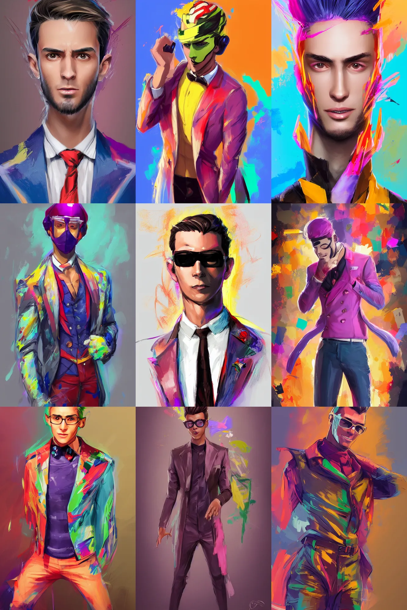 Prompt: a full body digital painting concept art portrait of a single young man dressed in stylish garish clothing with face and body clearly visible by artgerm and greg rutkowski, fornite, valorant, high quality, happy mood, artstation trending, vibrant colours, no crop, no helmet, no headgear, entire character, blank background, face visible, realistic proportions SFW,