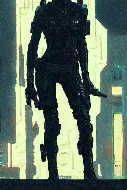 Image similar to selina. blackops mercenary in near future tactical gear, stealth suit, and cyberpunk headset. Blade Runner 2049. concept art by James Gurney and Mœbius.